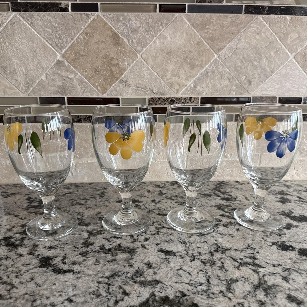 Vtg Lot of 4 Maxam Hand Painted Floral Clear Glass Goblets Daisy Italy